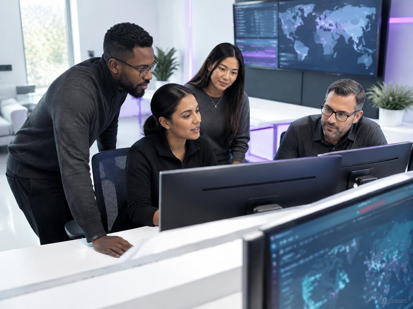 Managed IT services team collaborating in an operations room